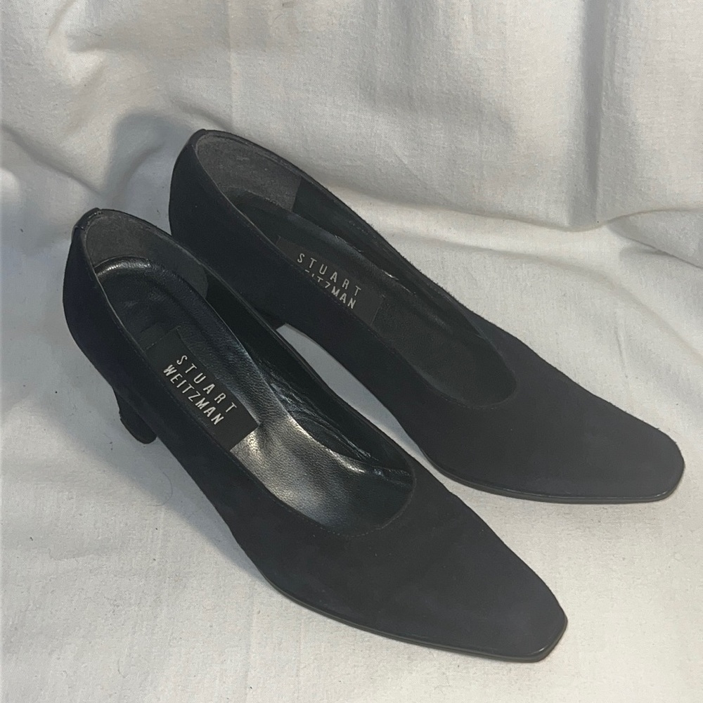 Stuart Weitzman dark sapphire suede square toed pumps/almost BLACK